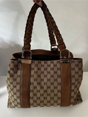 Gucci Brown & Beige GG Canvas Tote with Braided Leather Handles